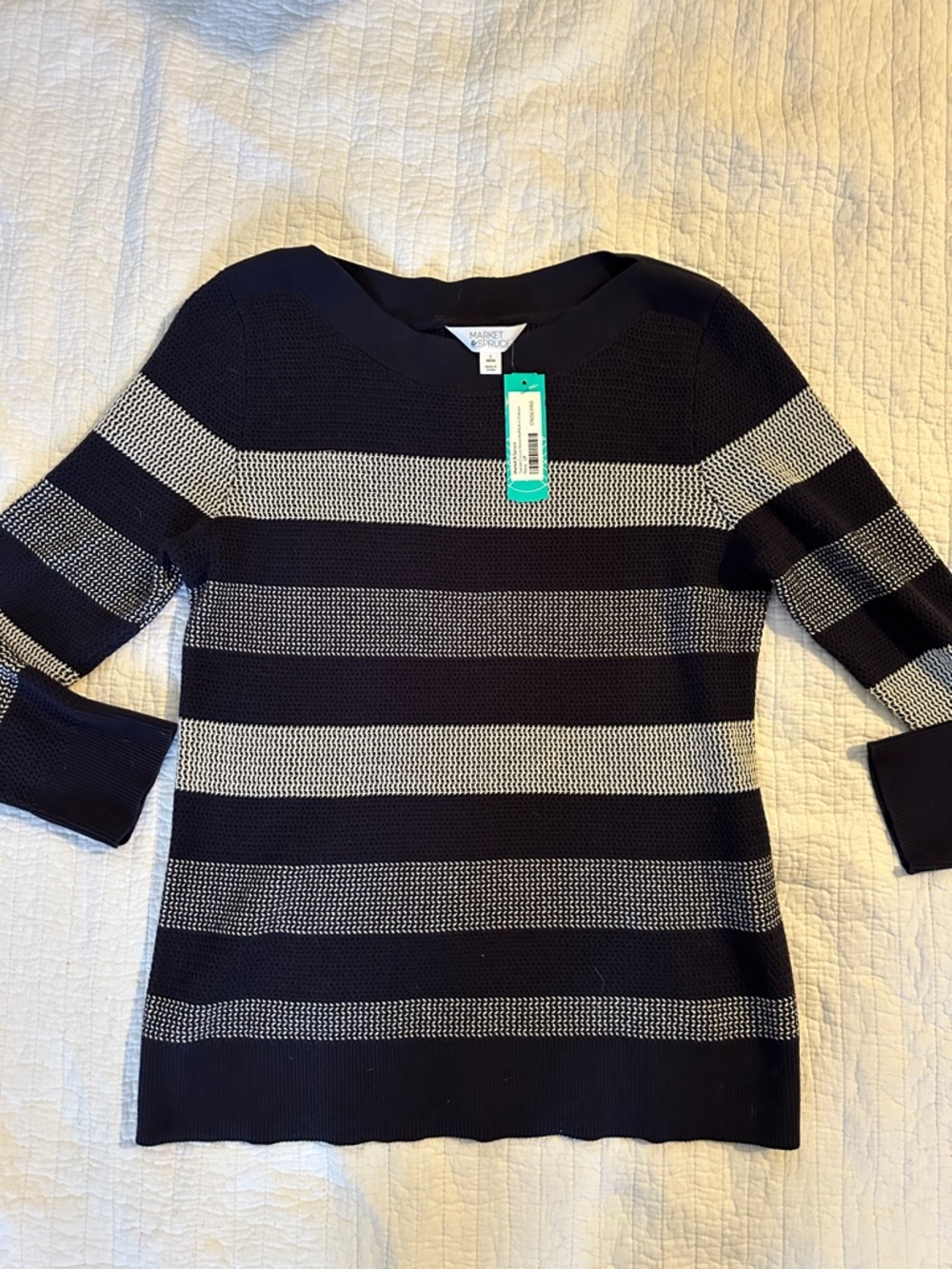 Market & Spruce Black and White Striped Crew Neck Sweater